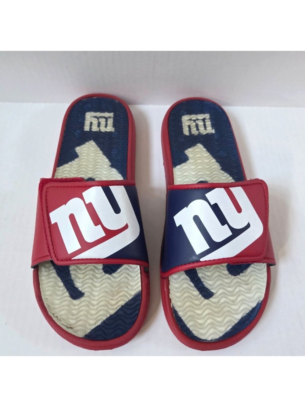 New York Giants Slides Mens 11 / 12 Red Blue Big Logo Gel Sandals Flip Flops
